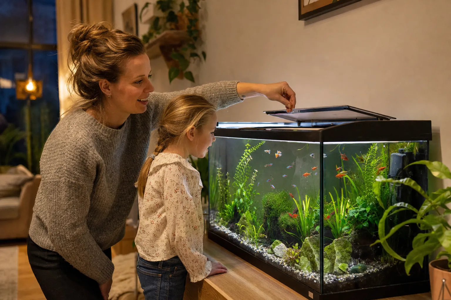 Een volwassene en een kind voeren samen de vissen in hun aquarium