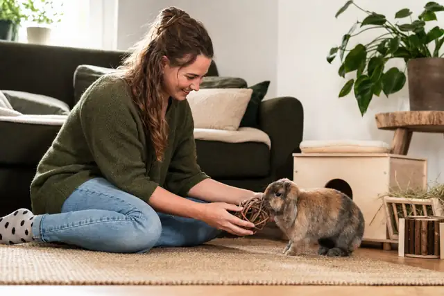 Een vrouw speelt thuis samen met haar konijn