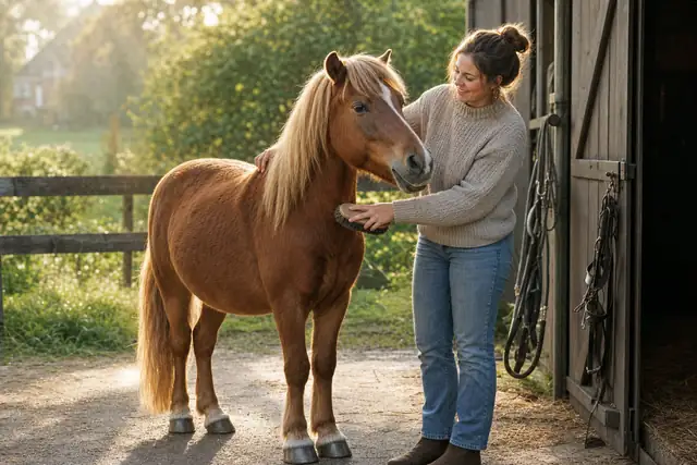 Een vrouw borstelt haar pony bij de stal