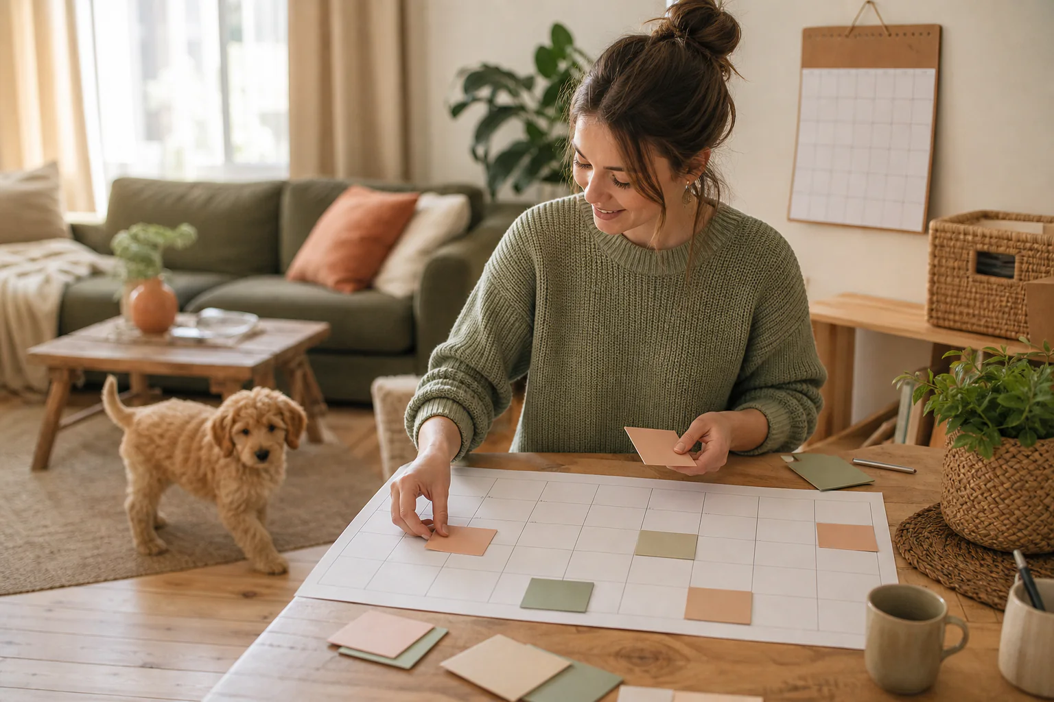 Een vrouw vult een maandoverzicht met kleurkaarten in terwijl een jonge puppy volledig in de kamer staat