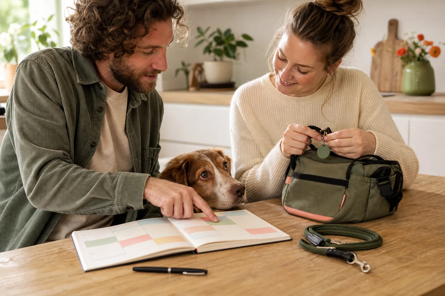 Twee mensen plannen samen hondenmomenten terwijl hun hond volledig naast hen in beeld staat