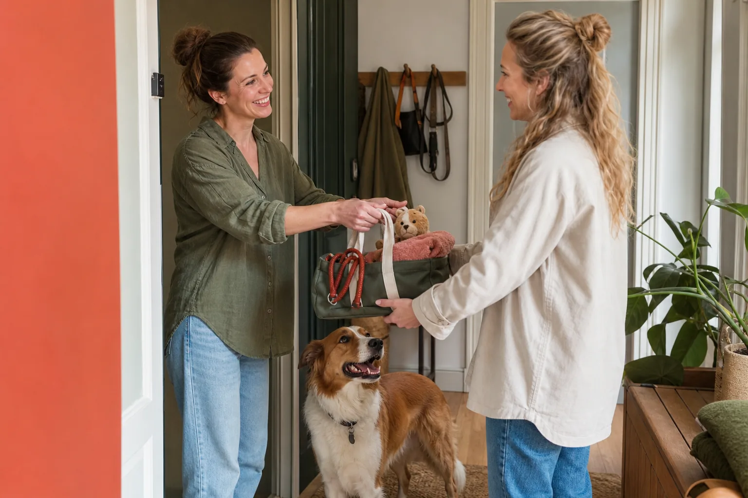Een hondeneigenaar draagt de vertrouwde spullen van haar hond over aan de oppas