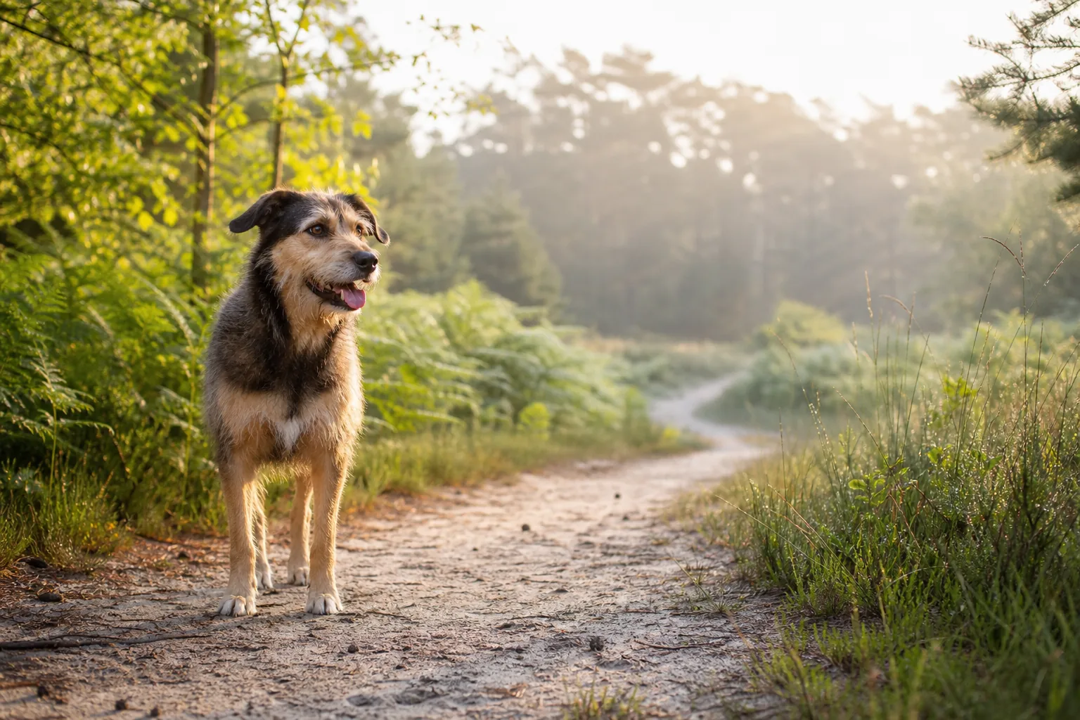 Een hond staat klaar op een zonnig wandelpad