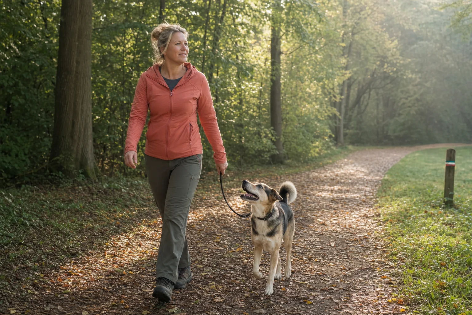Een vrouw wandelt in zacht ochtendlicht samen met haar hond over een groen bospad