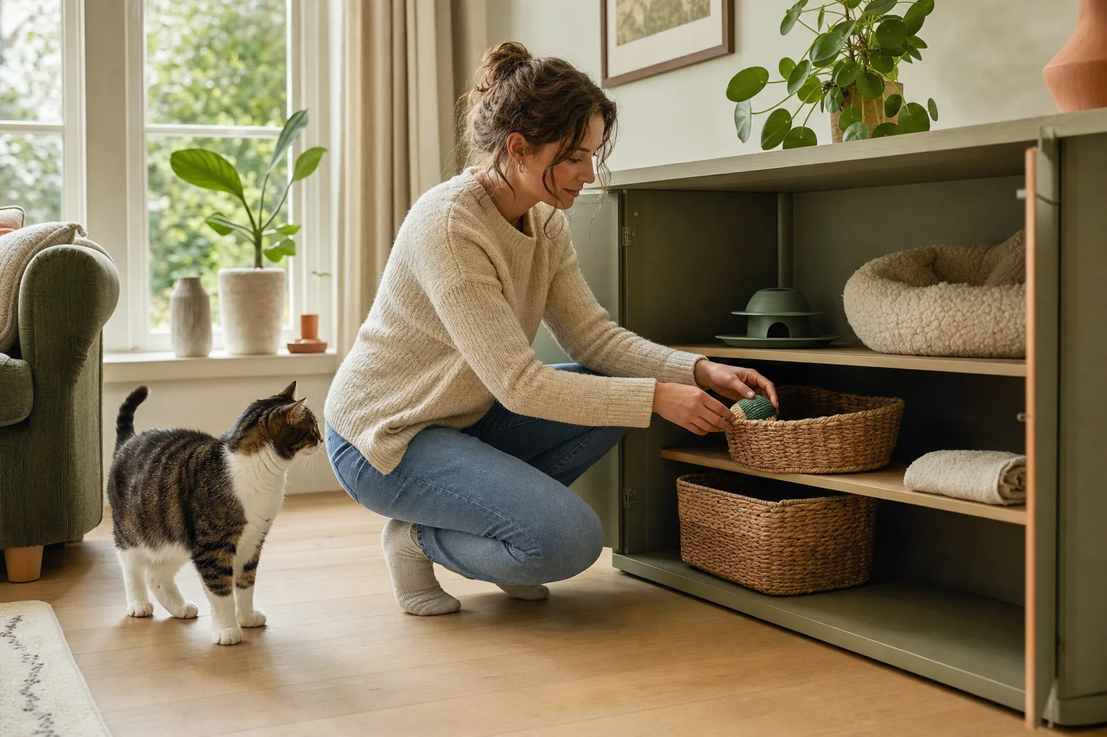 Een vrouw legt bestaande kattenspullen in manden terwijl de kat volledig zichtbaar in de kamer staat