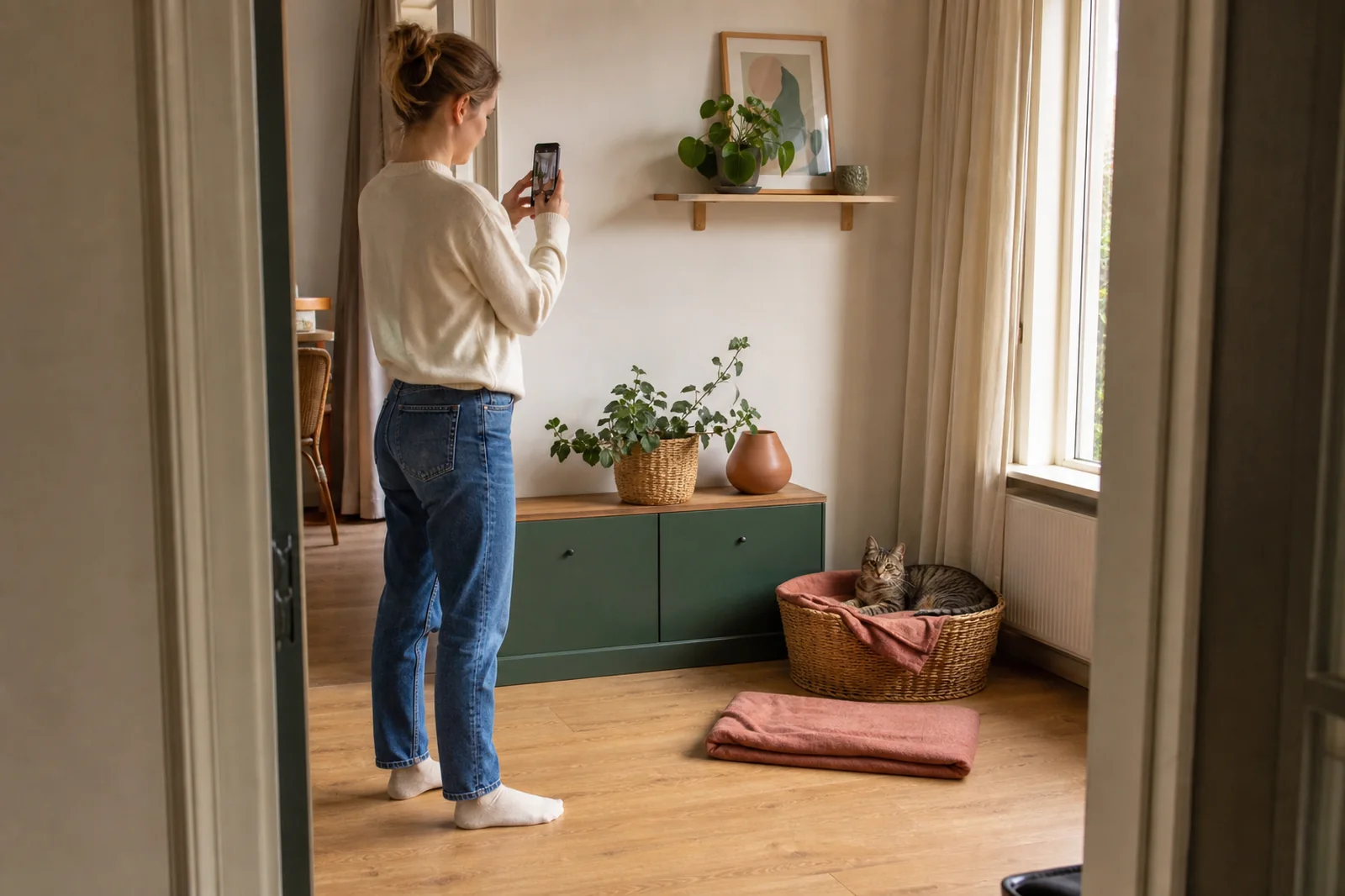 Een vrouw fotografeert vanuit de deuropening de bestaande kattenhoek en de kat in de kamer