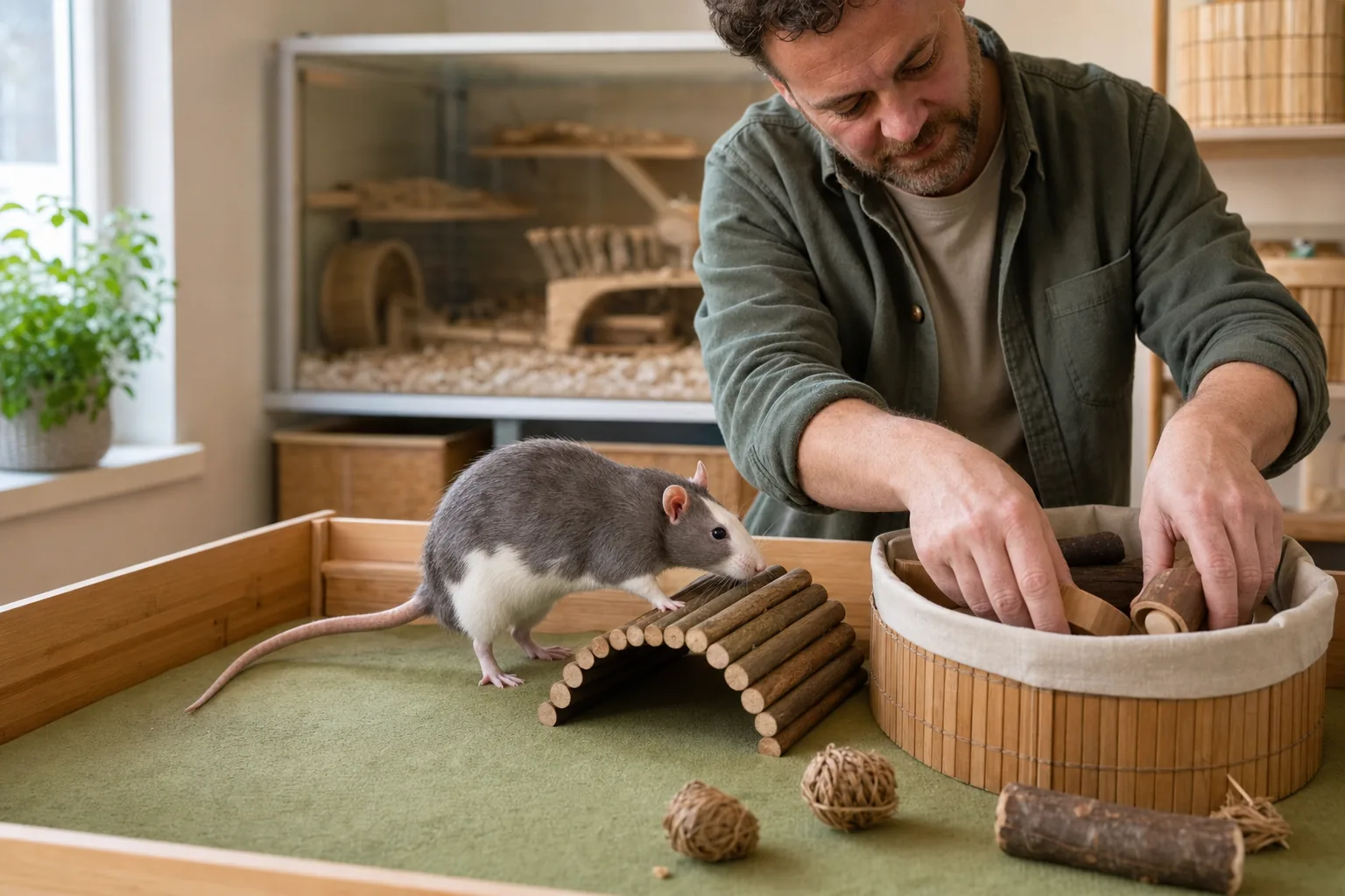 Een man ordent natuurlijke knaagdierspullen terwijl zijn rat zichtbaar in het verblijf staat