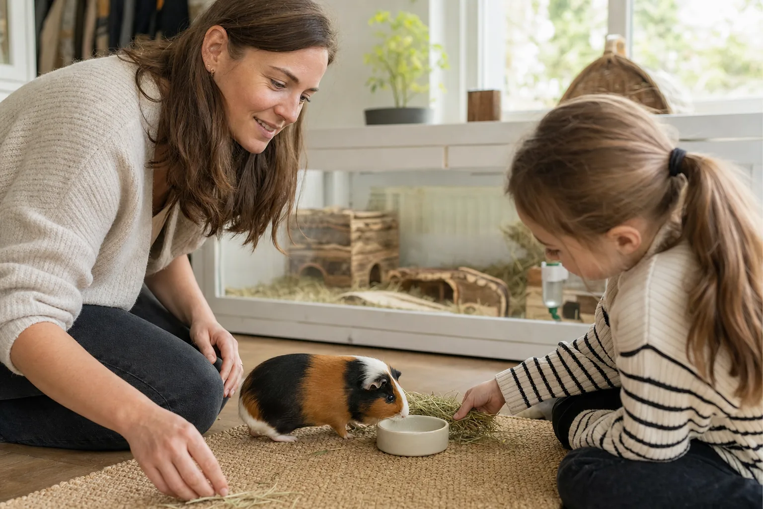 Een volwassene en kind verzorgen samen het dagelijkse voermoment van een cavia