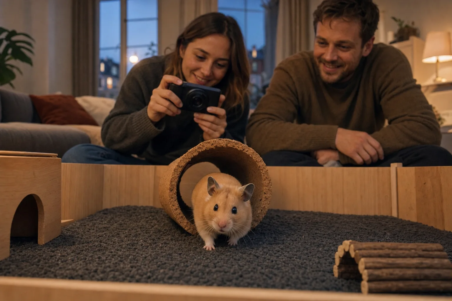 Twee volwassenen leggen vanaf hun zitplek een rustig moment bij het hamsterverblijf vast