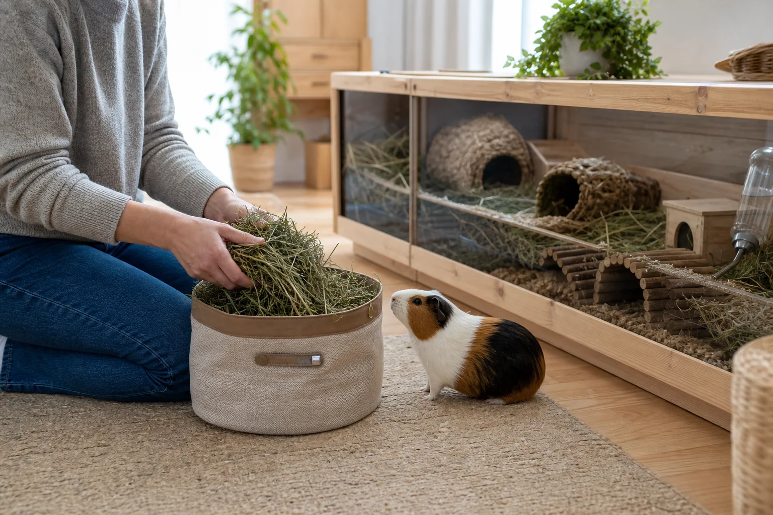 Iemand vult hooi aan terwijl een cavia zichtbaar in het verblijf staat