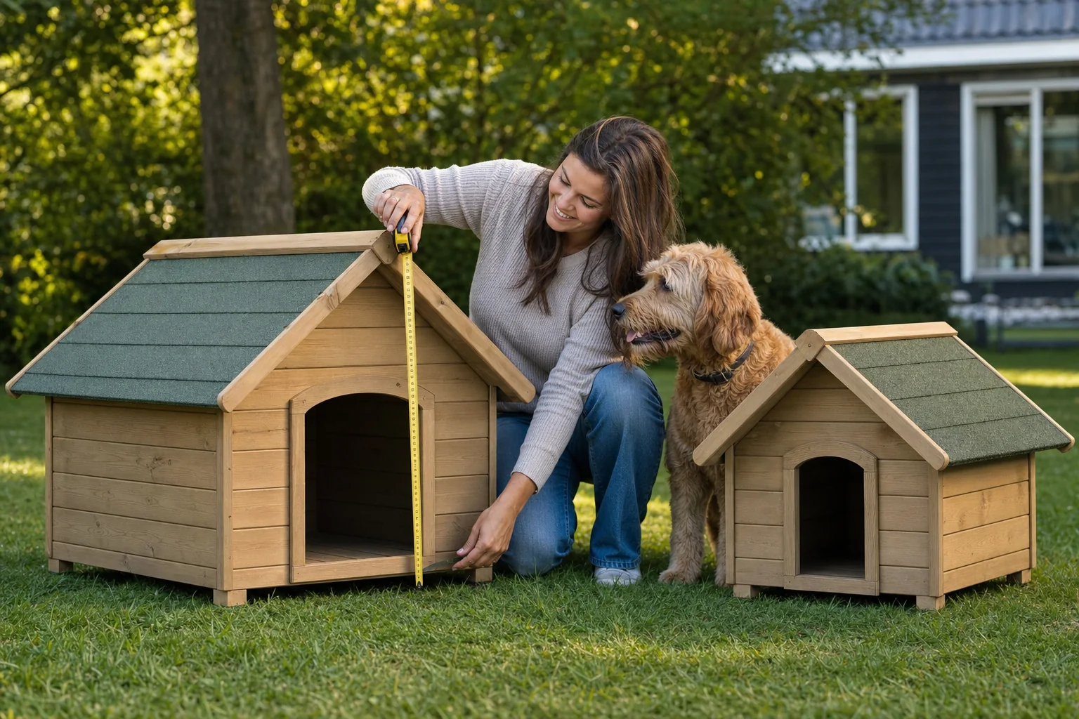 Een vrouw meet twee houten hondenhokken in de tuin terwijl haar hond naast haar staat.