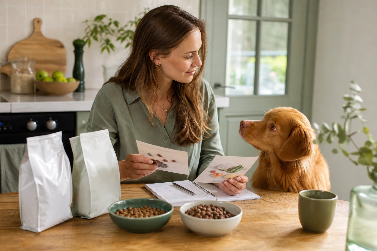 Een vrouw vergelijkt twee neutrale hondenvoerverpakkingen en labelkaarten terwijl haar hond naast haar zit.