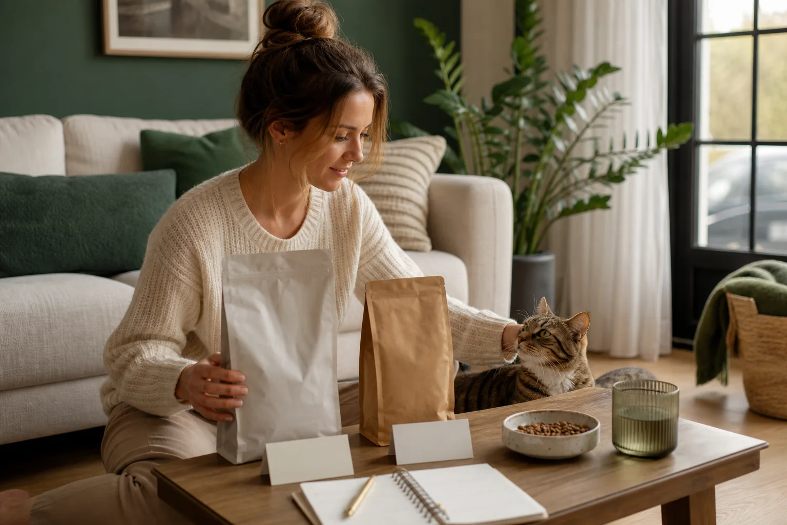 Een vrouw vergelijkt twee neutrale kattenvoerverpakkingen terwijl zij haar kat aandacht geeft.