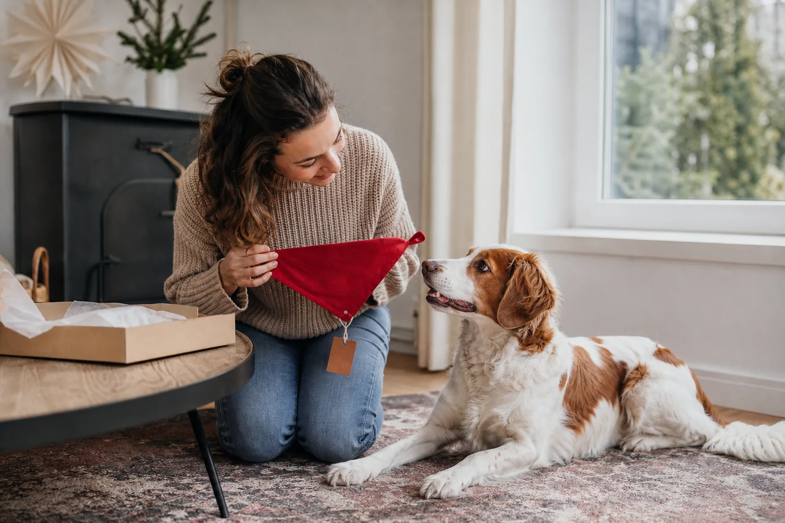 Een vrouw bekijkt samen met haar hond een rode stoffen bandana met productkaart en bewaardoos.