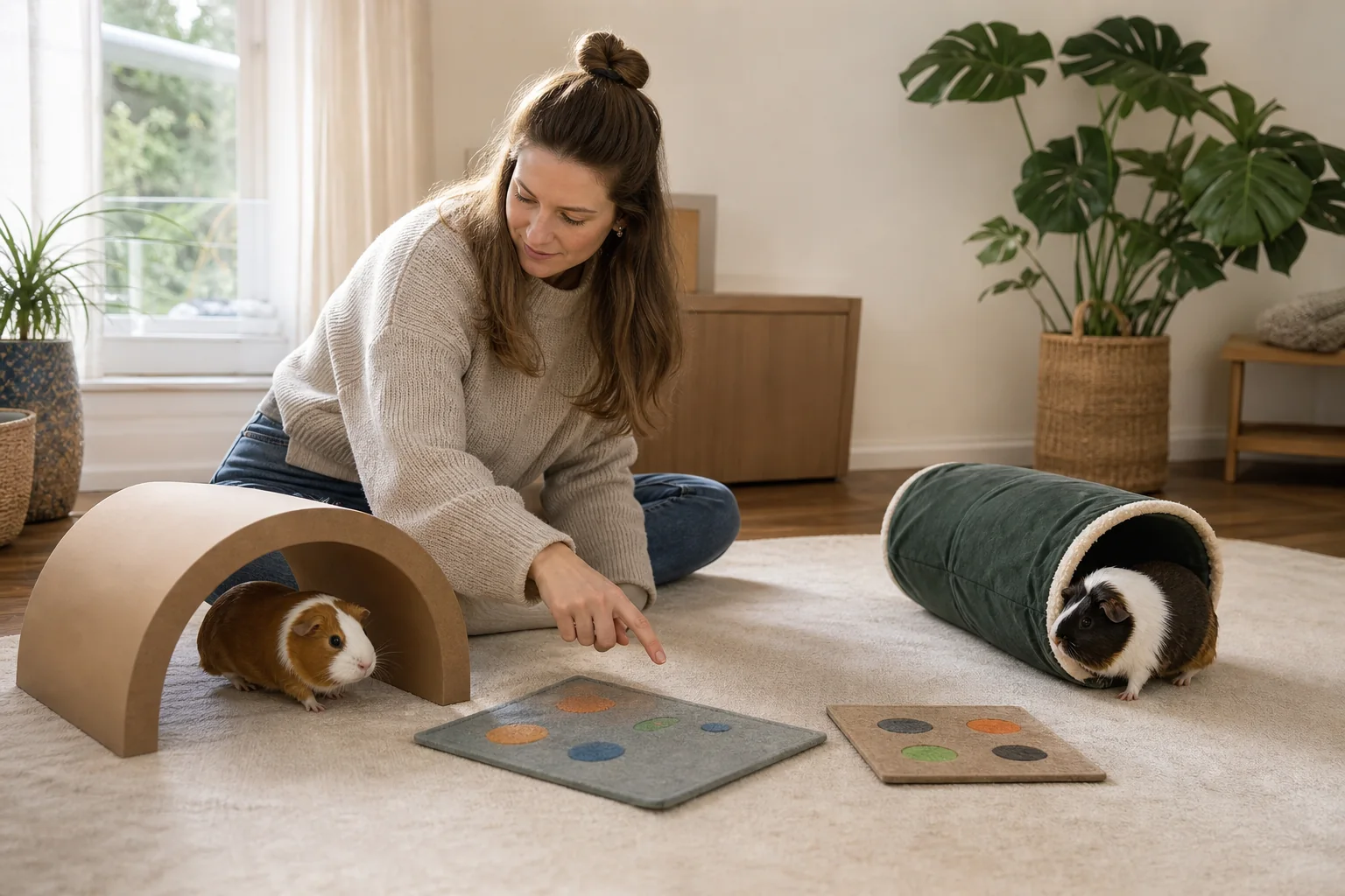 Een vrouw zit op de vloer en wijst naar speelobjecten terwijl twee cavia’s zichtbaar bij hun schuilplekken zitten.