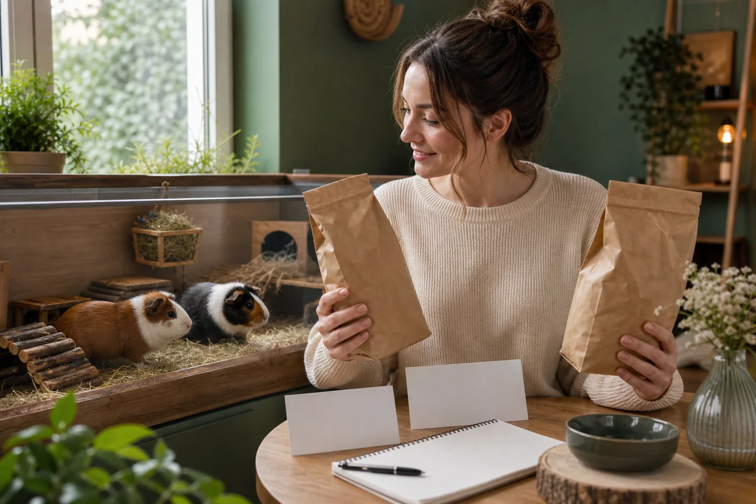 Een vrouw vergelijkt twee neutrale voerverpakkingen bij het ruime verblijf van twee cavia’s.