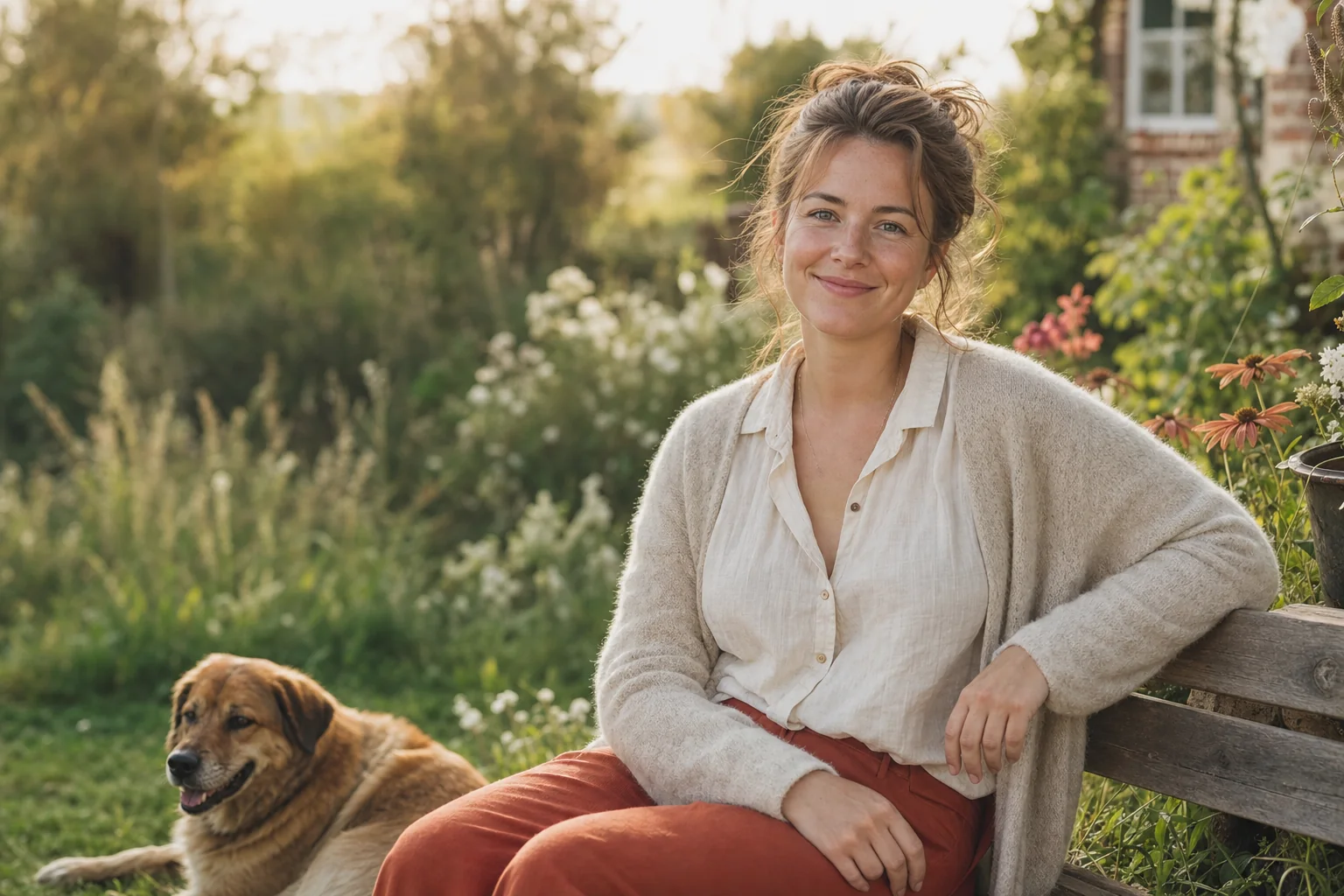 Noor zit buiten op een houten bank met een hond op de achtergrond