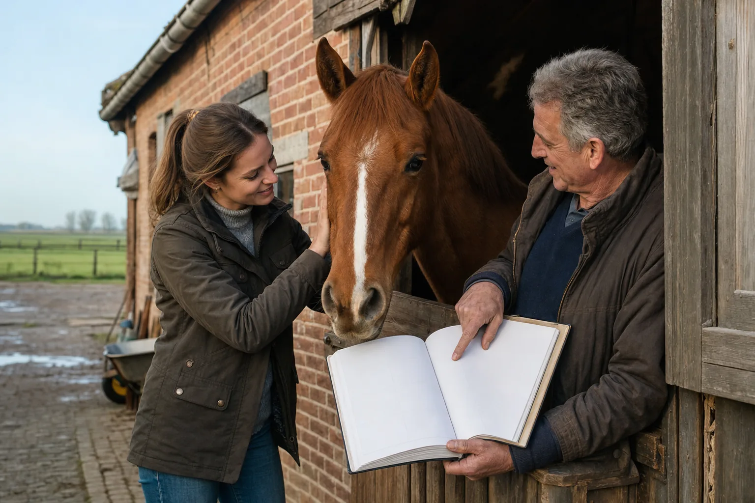 Twee mensen stemmen samen hun paardenagenda af bij de stal terwijl het paard volledig naast hen in beeld staat