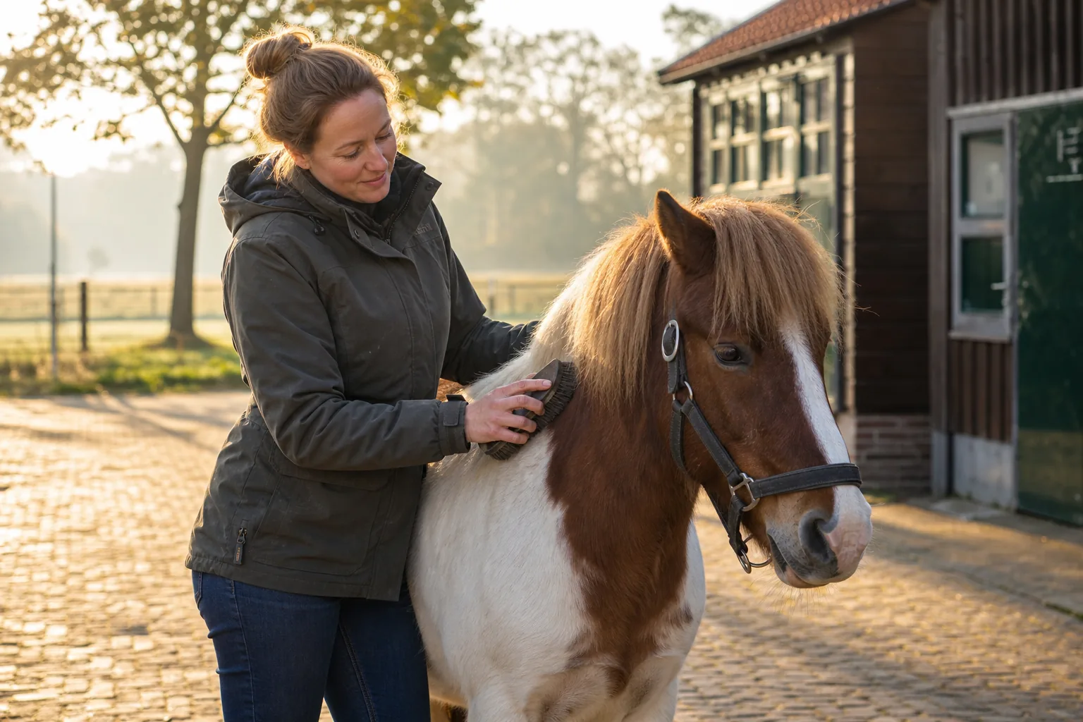 Een vrouw verzorgt samen met haar paard een rustig moment op het erf