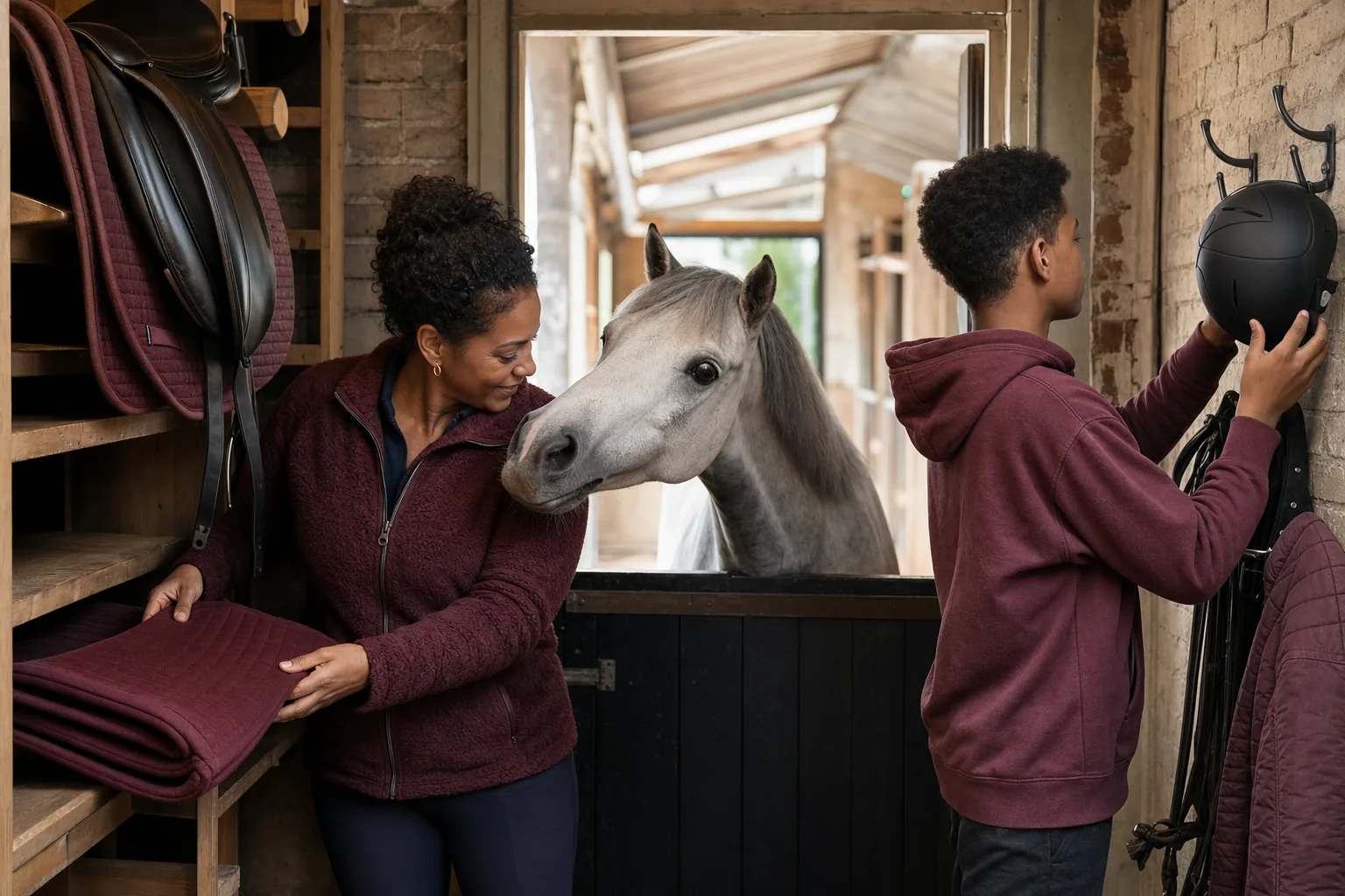 Een vrouw en jongen ordenen samen paardenspullen in de zadelkamer terwijl de pony meekijkt