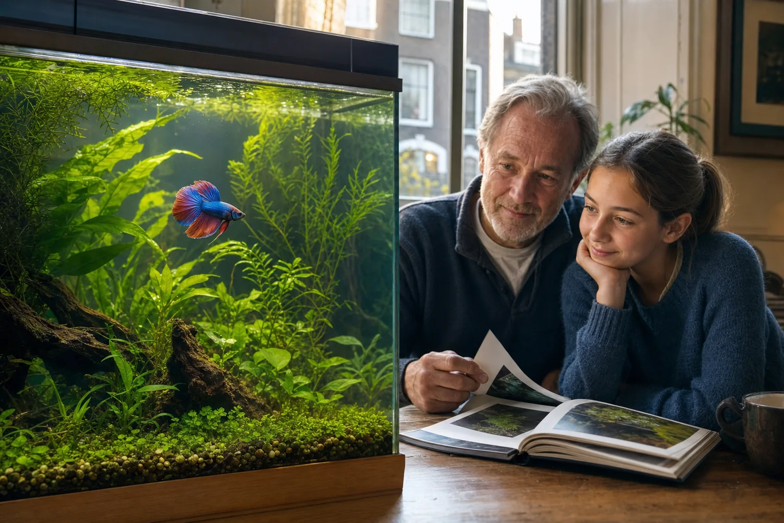 Een volwassene en tiener bekijken samen fotoherinneringen naast hun aquarium