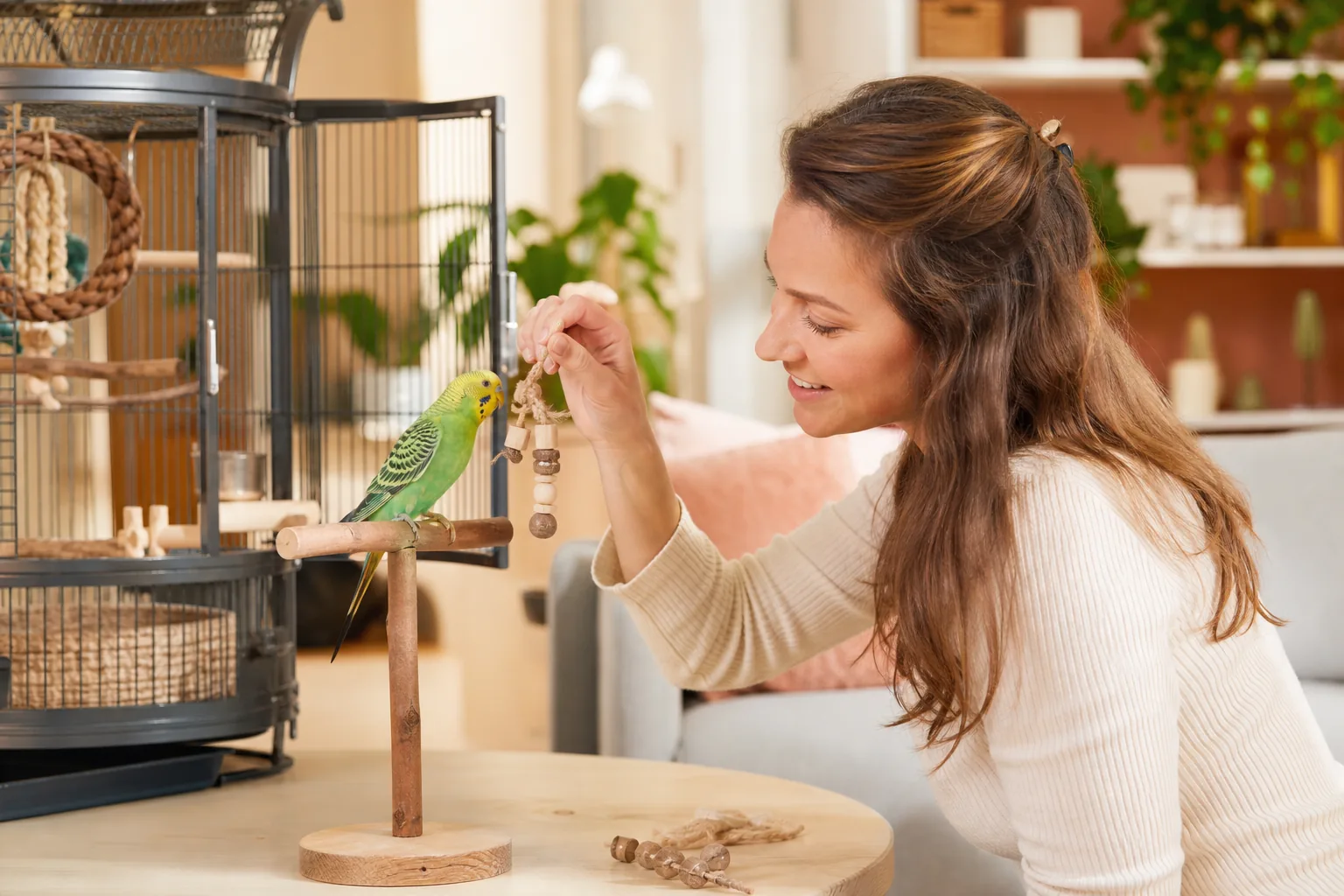 Een vrouw en haar parkiet bekijken samen een houten speeltje naast de kooi